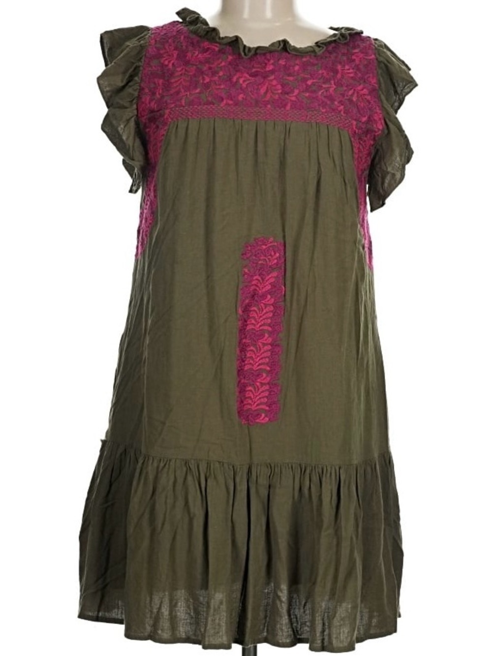 J. Marie Olive Green Ruffled Dress with Fuchsia Embroidery Medium